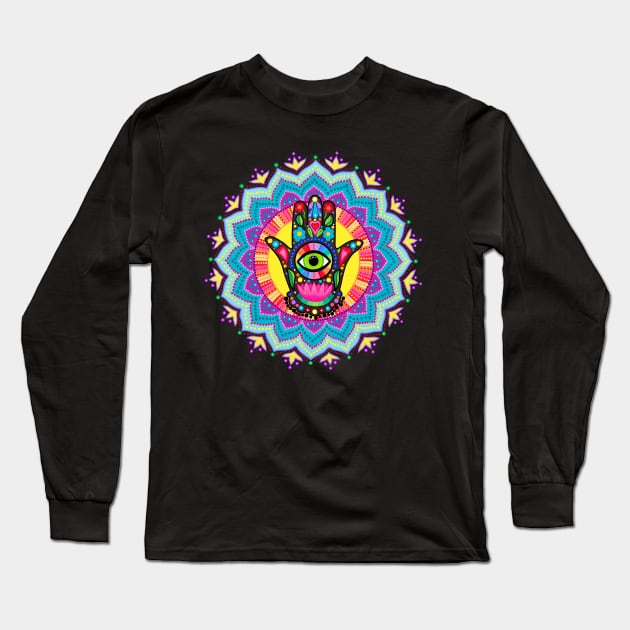 Colourful Lucky Hamsa Hand Mandala Long Sleeve T-Shirt by SoozieWray